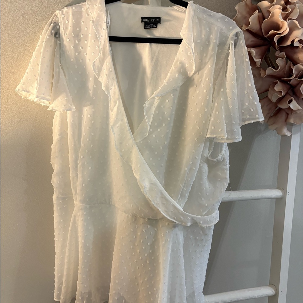 City Chic White Swiss Dot Wrap Blouse with Flutter Sleeves